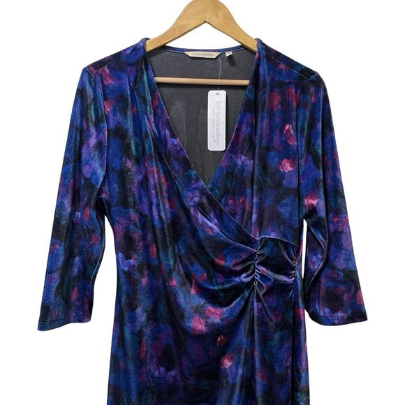 Soft Surroundings Hyannis Velvet Faux Wrap Floral Mini Dress Size L Blue Regency - Picture 3 of 7